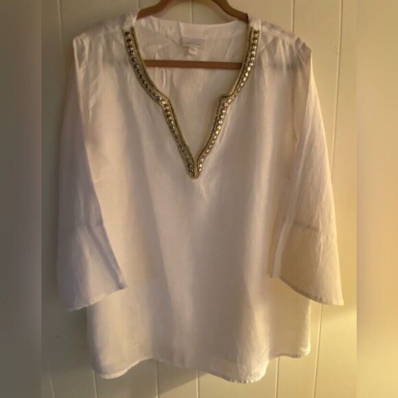 J. Jill Love Linen Blouse Women’s Large Linen Studded Bell Sleeves Fairy - Picture 1 of 7